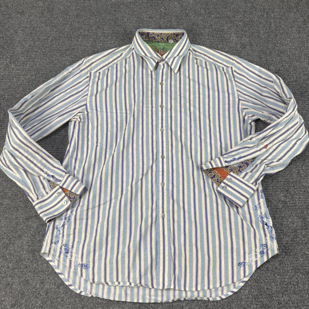 Robert Graham Shirt Mens XL Stripe Embroidered Long Sleeve Unique Dress Shirt